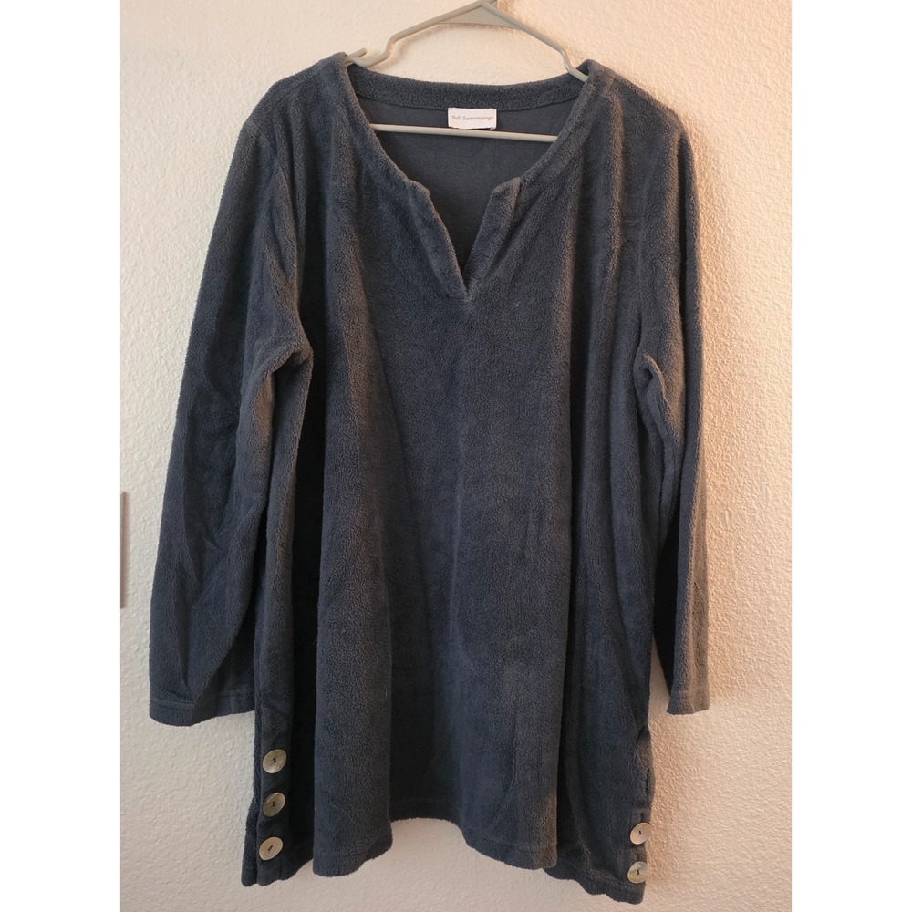 Soft Surroundings Plush Fleece Tunic Top Women Large Gray Button Hem Cottagecore
